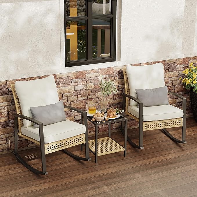 3 Piece Patio Rocking Chairs Set of 2, Outdoor Rocking Chair Bistro Set with Tempered Glass Coffee Table and Thick Lumbar Pillow Set, Front Porch Chairs for Garden, Backyard, Poolside (Beige) by Rotihom