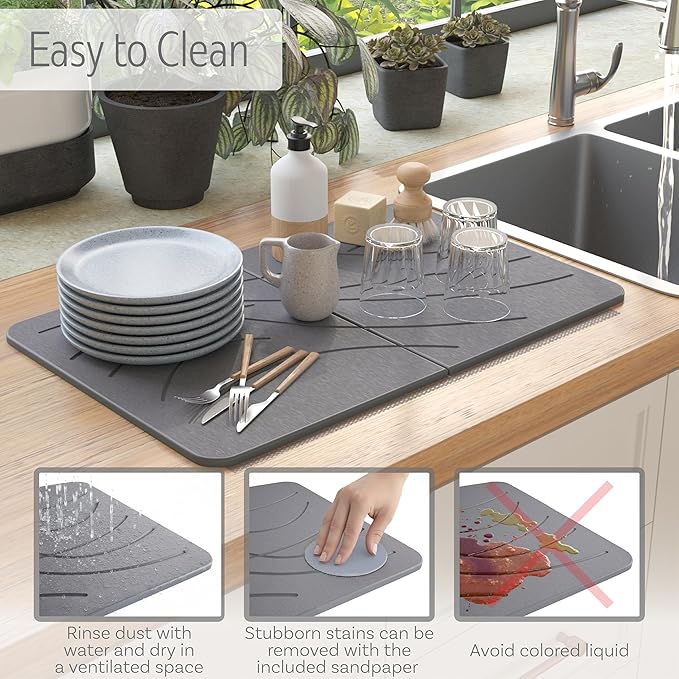 Large Stone Drying Mat with Bamboo Rack | 23.6” x 15.4” Diatomaceous Earth - Image 7