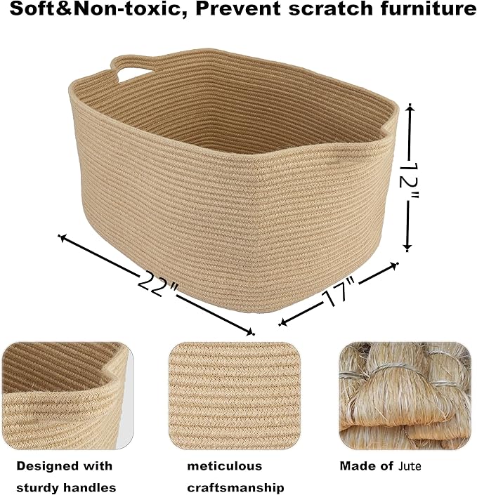Large Rectangle Blankets Basket Living Room 22"x17"x12" Woven Jute Rope Storage - Image 2