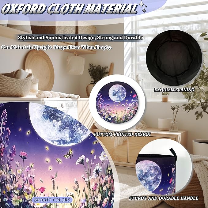 Moon Laundry Basket Oxford Cloth Night Sky Colorful Floral Butterfly Laundry - Image 6