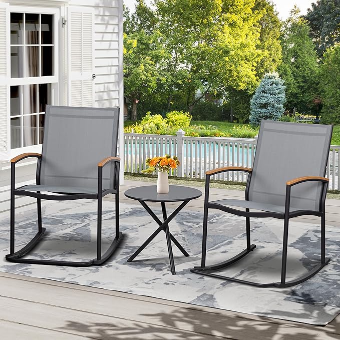 Shintenchi 3 Piece Outdoor Rocking Bistro Set, Textilene Fabric Small Patio Furniture Set, Front Porch Rocker Chairs Conversation Set with Table for Lawn, Garden, Balcony, Poolside (Light Gray) - Image 7