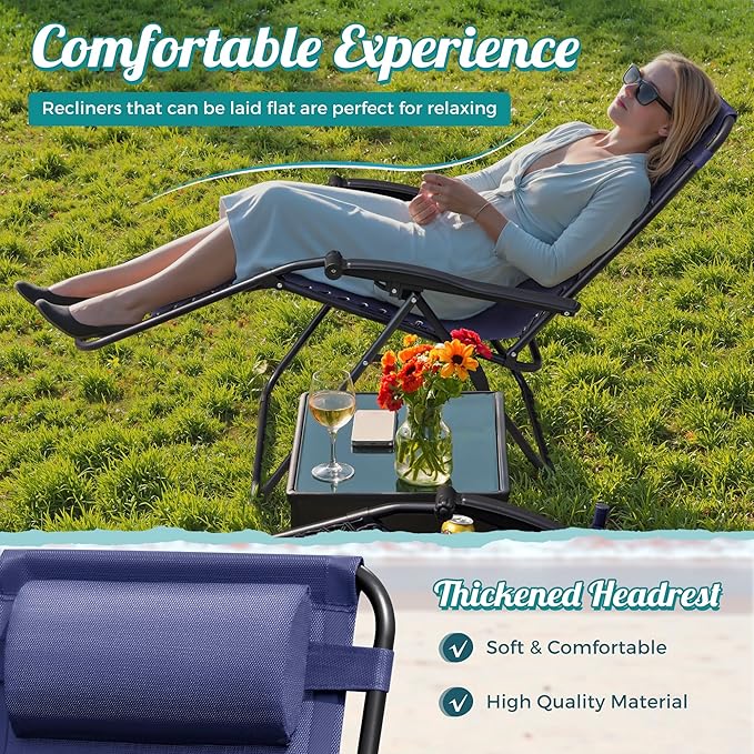Homall Zero Gravity Chair Patio Folding Lawn Outdoor Lounge Gravity Camp Reclining Lounge Chair with Cup Holder Pillows for Poolside Backyard and Beach Set of 2 (Blue) - Image 5