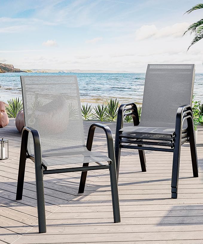 Outdoor Stackable Dining Chairs Set of 4, High-Back Patio Stacking Chairs, Patio Chairs with Textilene Farbic & Metal Frame for Lawn Backyard Deck Garden,Grey by Unknown