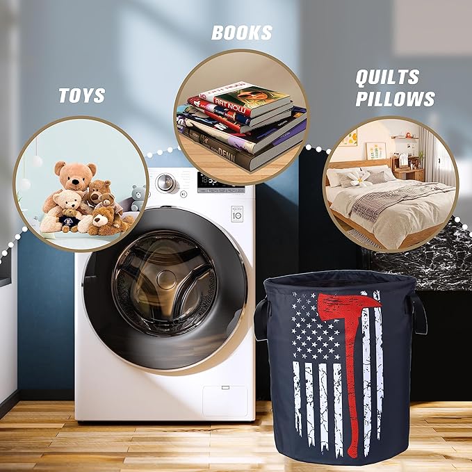 American Flag Red Line Ax Laundry Basket Firemen Foldable Oxford Cloth Funny - Image 4