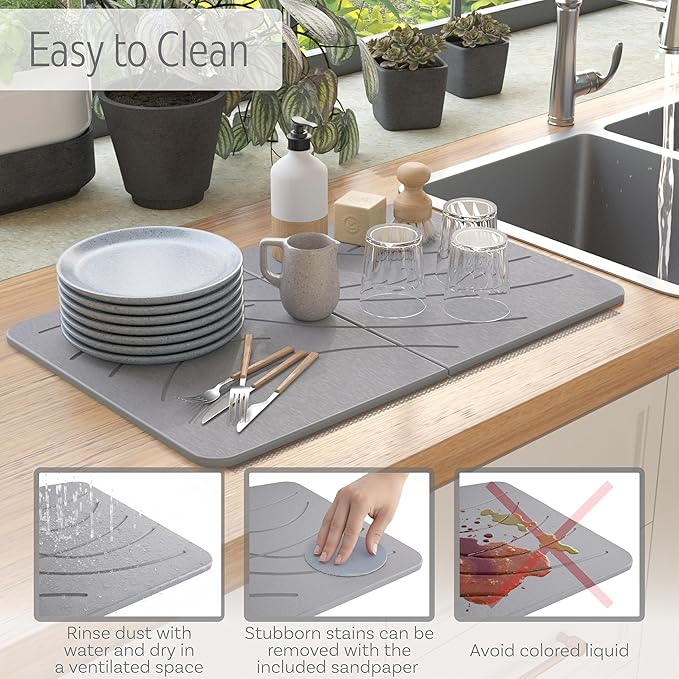 Large Stone Drying Mat with Bamboo Rack | 23.6” x 15.4” Diatomaceous Earth - Image 7