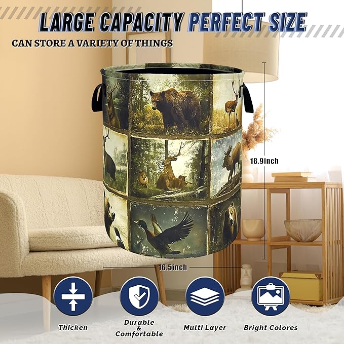 Vintage Forest Animals Laundry Basket Oxford Cloth Deer Funny Bear Laundry - Image 3