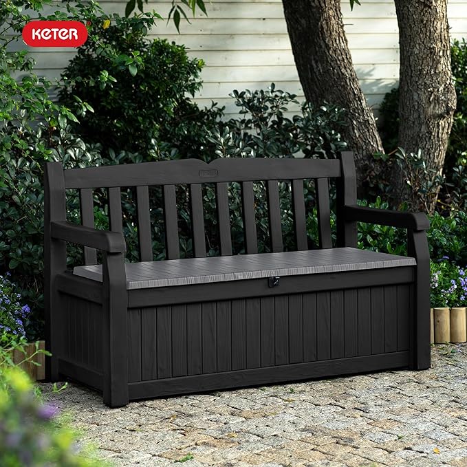 Keter Solana 70 Gallon Storage Bench Deck Box for Patio Storage, Front Porch Decor and Outdoor Seating – Perfect to Store Garden Tools and Pool Floats, Graphite - Image 2