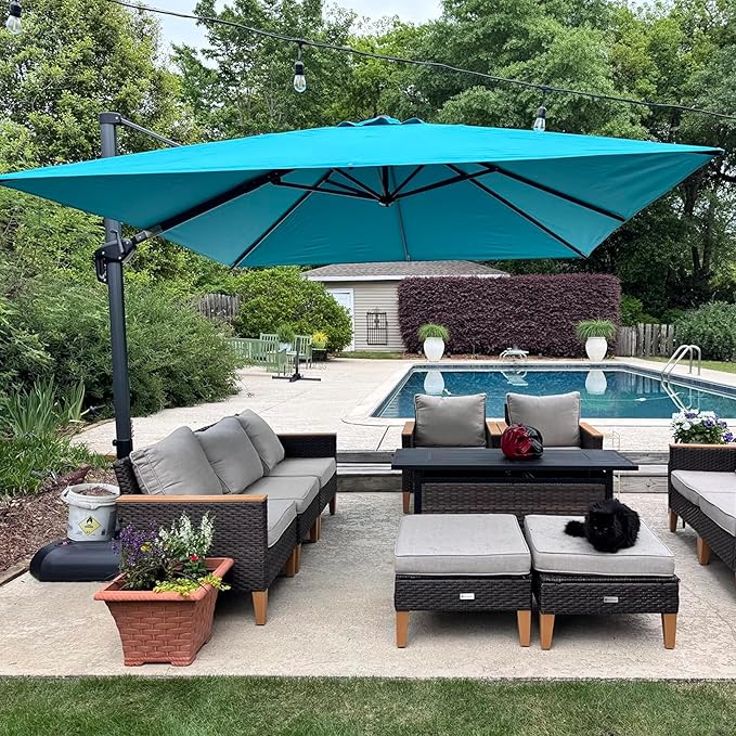PURPLE LEAF 8 Feet Square Cantilever Umbrella Patio Umbrella with Base Outdoor Umbrella Aluminum Offset with 360-degree Rotation for Garden Deck Pool Patio, Turquoise Blue by PURPLELEAF
