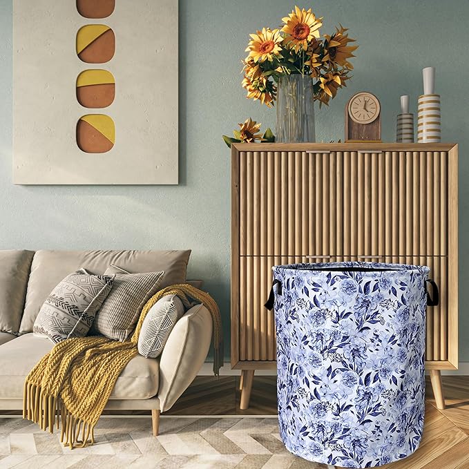 Blue Flower Floral Laundry Basket Foldable - Image 7