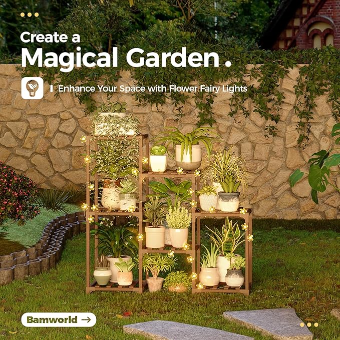 Bamworld Plant Stand Indoor with Flower Fairy Lights Battery Plant Shelf Wood Plant Rack for Multiple Plants 3 Tiers Ladder Plant Holder for 7 Pots for Living Room Home Decor for Gardening Gifts - Image 3