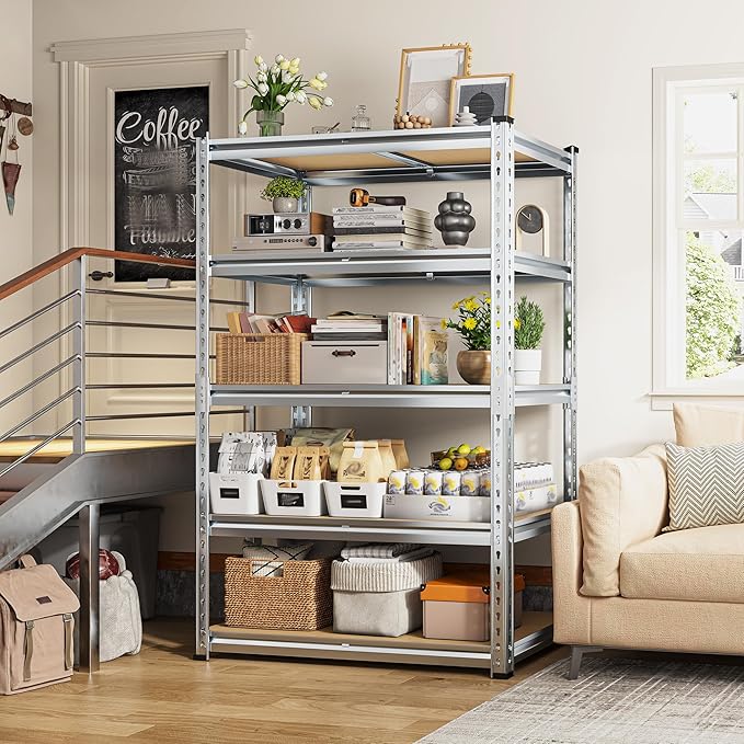 REIBII Garage Shelving, 5 Tier Storage Shelves Load 2400LBS, Adjustable Garage Shelving Heavy Duty, Metal Shelves Unit with Waterproof Columns, 35.5" W x 11.9" D x 72" H, Galvanized, 2 Pack - Image 7