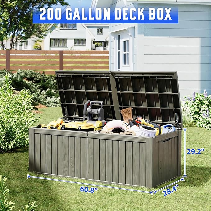 Outdoor Storage Box, Resin Deck Boxes Indoor and outdoor, Waterproof Storage Box Lockable Lid (Grey,200 Gallon) - Image 2