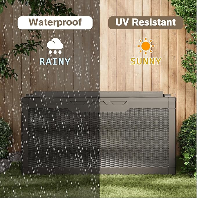 JUMMICO 100 Gallon Resin Deck Box with Cushion, Waterproof Outdoor Storage Box with Lockable Lid for Garden Tools, Patio Cushions (Light Brown) - Image 4