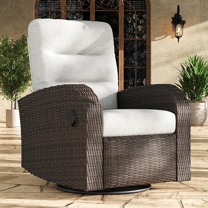 LayinSun Oversized Wicker Outdoor Swivel Glider Recliner with Adjustable Backrest & Footrest, Patio Reclining Lounge Chair by LayinSun