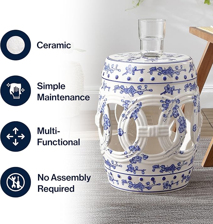 JONATHAN Y TBL1027A Lucky Coins 16" Chinese Ceramic Drum Indoor/Outdoor Garden Stool Bohemian, Coastal, Classic, Cottage, French Country, Patio, Garden Room, Bathroom, Living Room, Blue/White - Image 6