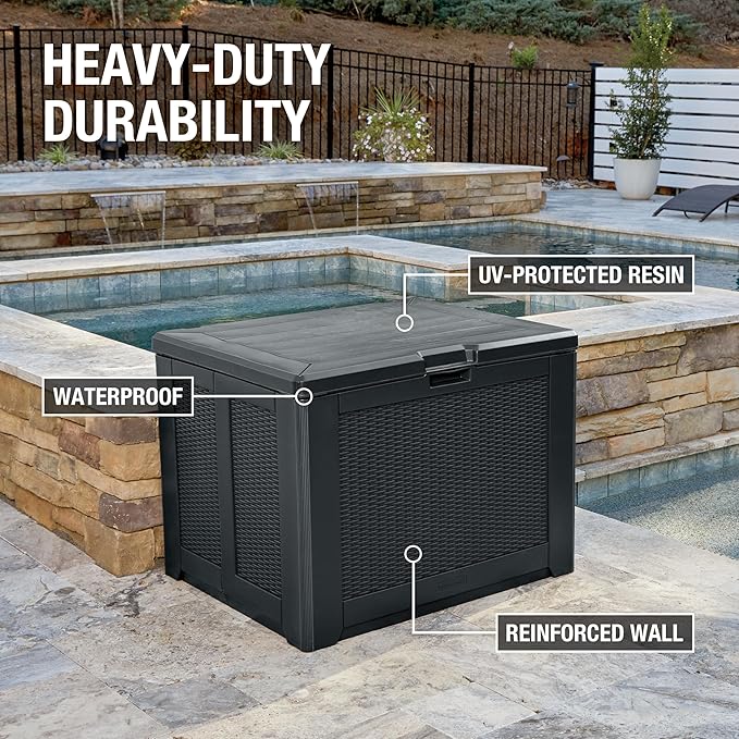 Rubbermaid Medium Resin Outdoor Storage Deck Box (74 Gal), Weather Resistant, Black, Deck Organization for Home/Backyard/Pool Chemicals/Toys/Garden Tools/Porch/Patio Cushions - Image 3