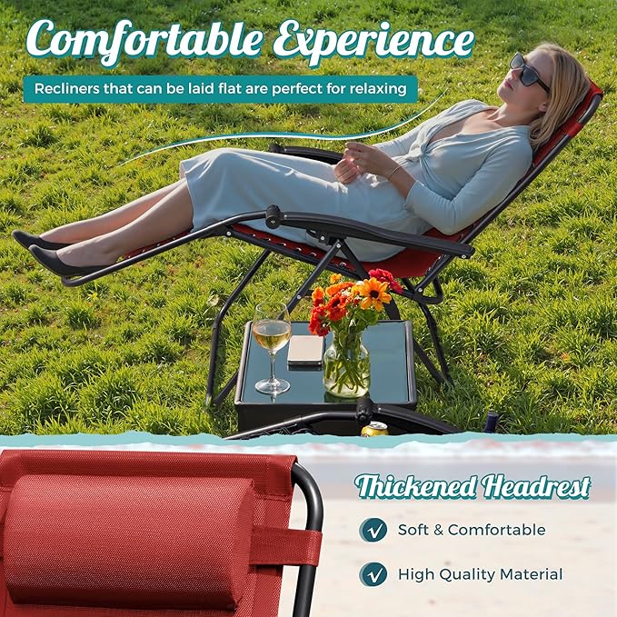 Homall Zero Gravity Patio Folding Lawn Reclining Lounge Chairs Outdoor Gravity Camp Chairs with Cup Holder Pillows for Poolside Backyard and Beach Set of 2 (Red) - Image 5