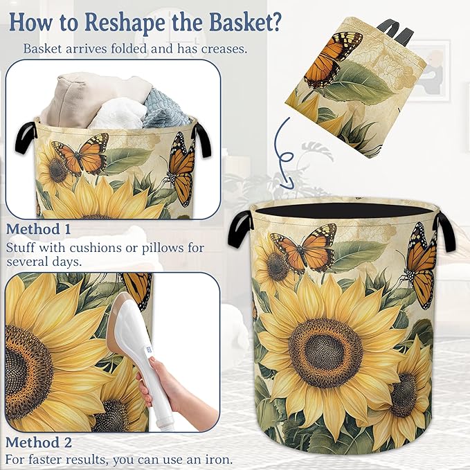 Vintage Sunflower Laundry Basket, Foldable Oxford Cloth Butterfly Laundry Hamper - Image 6