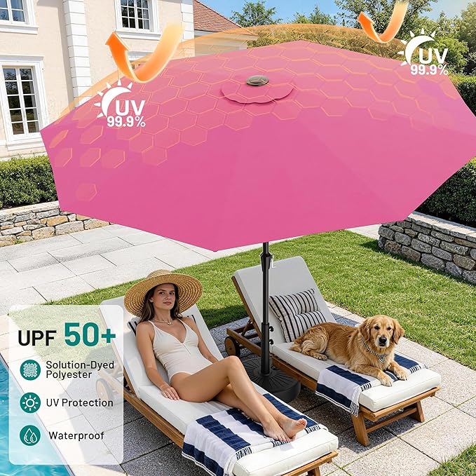 AreShark 9 FT Patio Umbrella for Outdoor, Outdoor Table Umbrella with Push Button Tilt and Crank, Outdoor Patio Umbrellas with 8 Sturdy Ribs for Market, Garden, Pool (Rose Pink) - Image 4