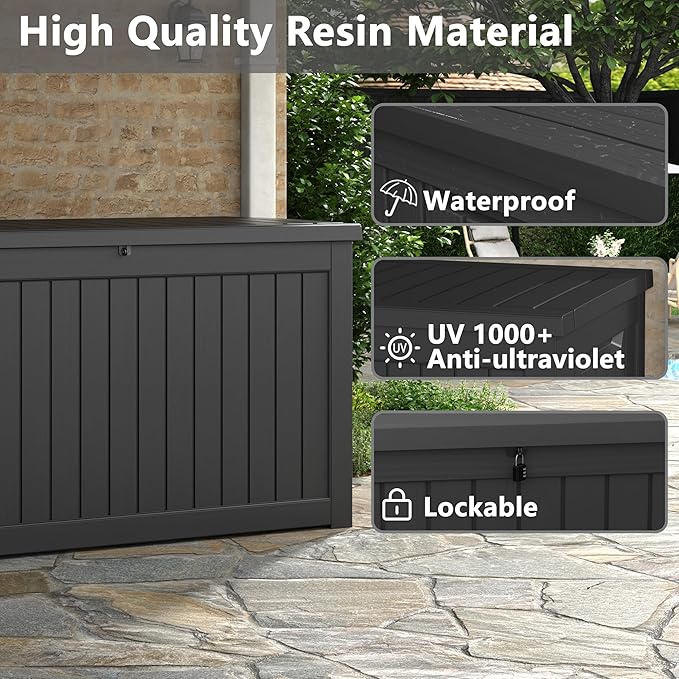 Outdoor Storage Box, Resin Deck Boxes Indoor and outdoor, Waterproof Storage Box Lockable Lid (Black,180 Gallon) - Image 4