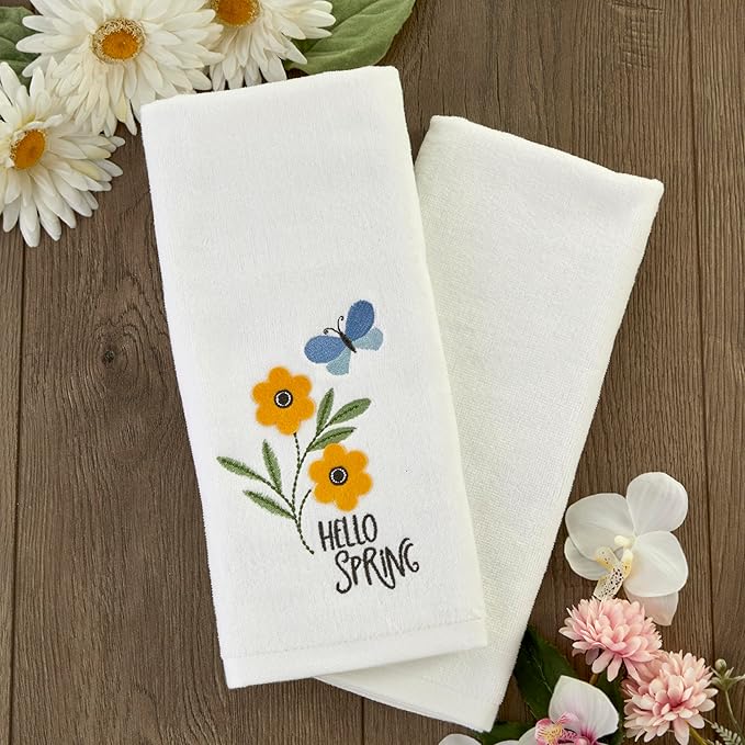 SKL Home Hello Spring Flowers 100% Cotton 3D Embroidered 2pc Hand Towel Set - Image 2