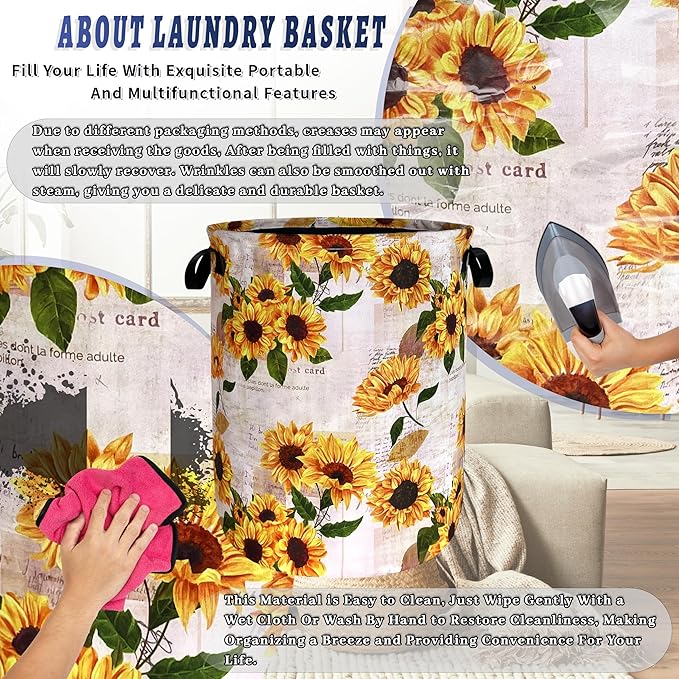 Vintage Sunflowers Laundry Basket Oxford Cloth Foldable Yellow Floral Laundry - Image 8