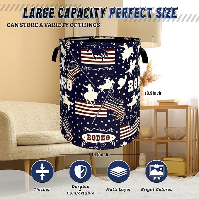 Western Cowboy Laundry Hamper Foldable Oxford Cloth American Flag Laundry Basket - Image 3