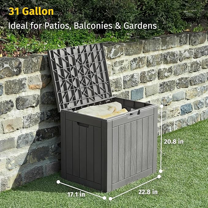 EAST OAK Outdoor Storage Box, 31 Gallon Deck Box Indoor and Outdoor Use, Waterproof Resin Storage Bin for Package Delivery, Patio Cushions, Gardening Tools, Lockable, UV Resistant, Grey - Image 3