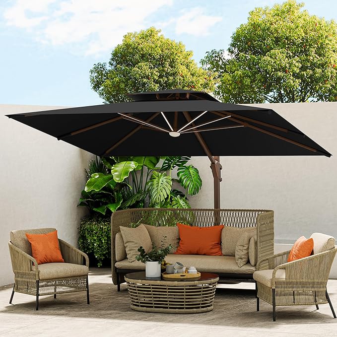 10 X 13 FT Cantilever Outdoor Patio Umbrella with Led Lights Large Heavy Duty 360° Rotation Double Top Offset Rectangular Umbrellas for Backyard Garden Pool Outside Deck, Black by MEVBC
