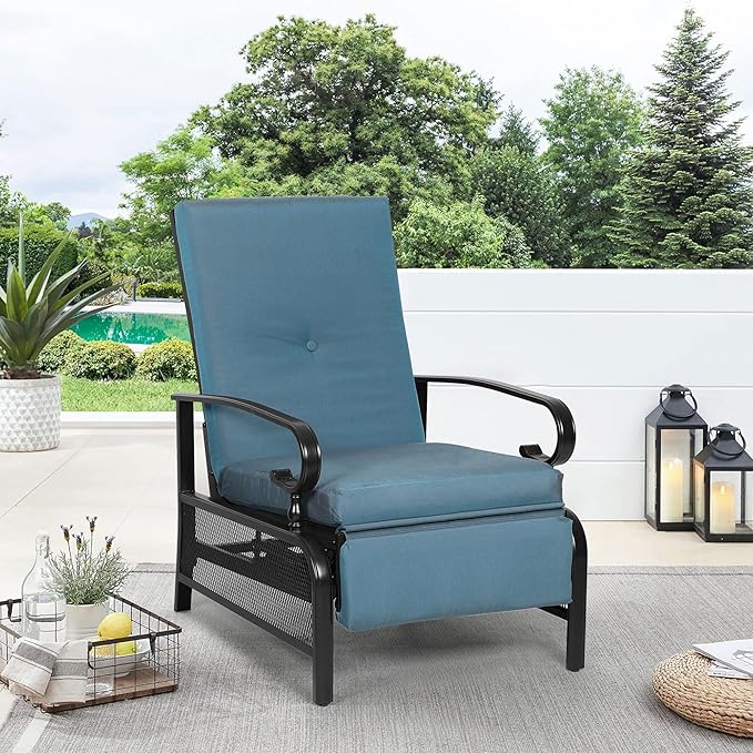 Oakcloud Adjustable Outdoor Lounge Chair Metal Patio Relaxing Recliner Chair with Removable Cushions(Peacock Blue) - Image 2