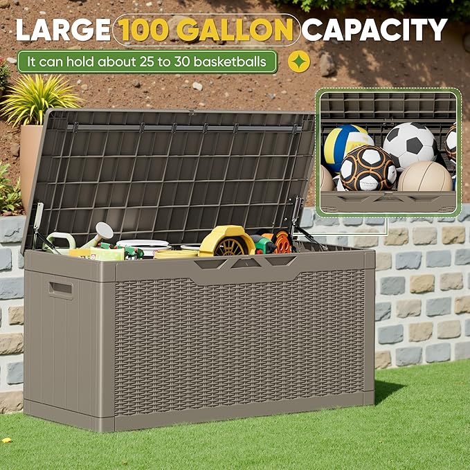 Greesum Outdoor Storage Box 100 Gallon Storage Bin with Lid for Patio Furniture, Garden Tools, Pool Supplies, Lockable, Waterproof and UV Resistant, Light Coffee - Image 6