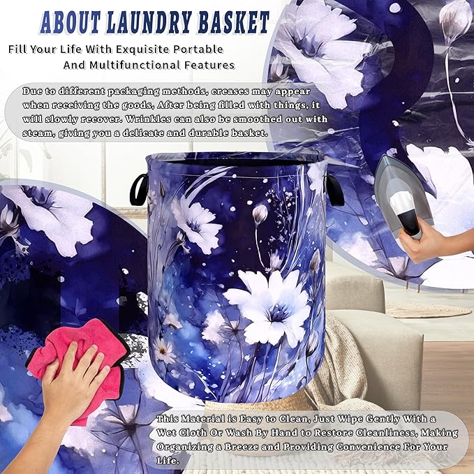 Blue Daisy Flower Laundry Basket Foldable Oxford Cloth Watercolor Floral - Image 8