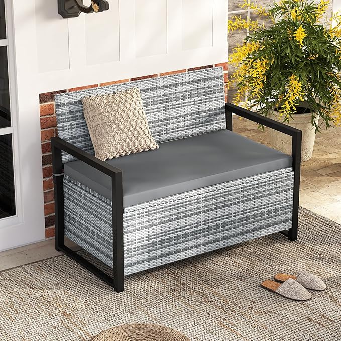 RELAX4LIFE Wicker Outdoor Bench with Storage - Rattan Deck Box w/Protective Liner for Pillows, Pool Supplies, Garden Tools, Patio Loveseat with Seat Cushion & Metal Armrests for Backyard Porch Balcony - Image 8