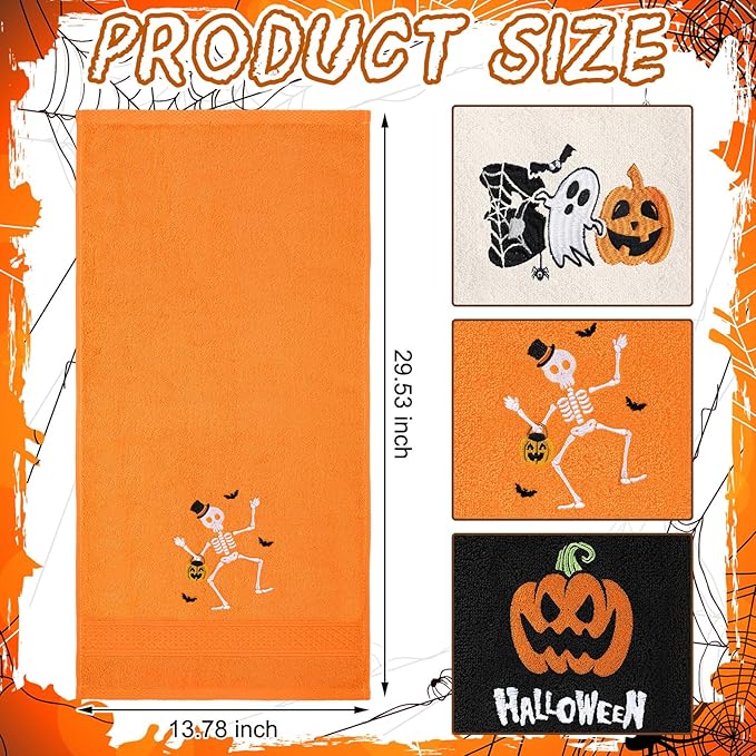 3 Pcs Halloween Hand Towels for Bathroom Embroidered Pumpkin Ghost Skull - Image 3