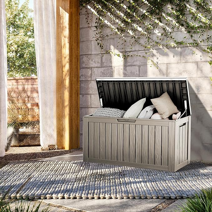 TARKARI 80 Gallon Lockable Resin Deck Box, Waterproof & UV-Resistant Outdoor Storage Box for Outdoor Cushion Storage, Garden Tools & Pool Accessories Storage, Coffee - Image 4