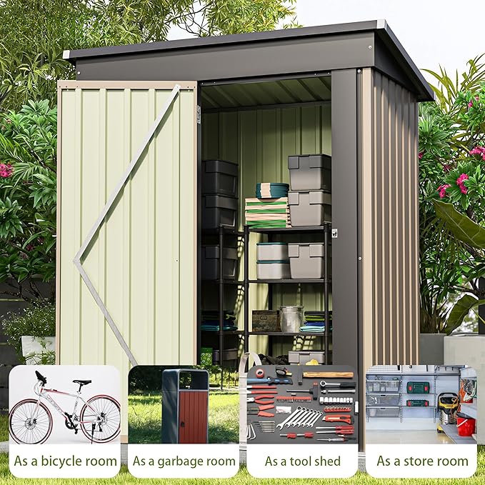 Patiowell 5x3 FT Outdoor Storage Shed, Tool Shed with Sloping Roof and Lockable Door, Metal Shed for Backyard Garden Patio Lawn, Brown - Image 2