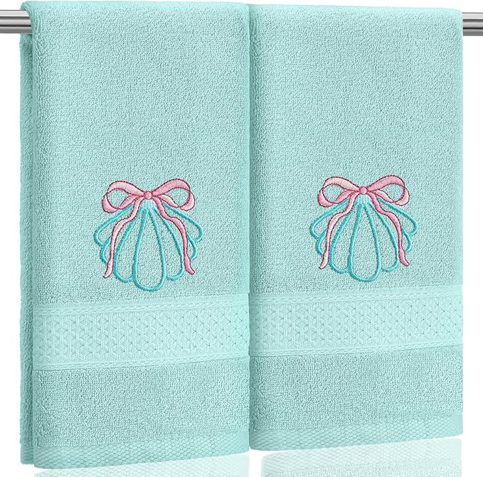 2 Pcs Shell Hand Towels Mint Blue Bathroom Decor 14x29 Inch Embroidered 100% by SmoothNovelty