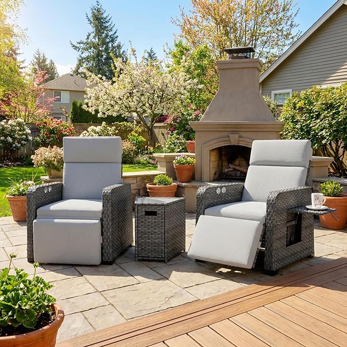 Restland Outdoor Recliner with Independent Adjustable Back & Footrest Wicker Patio Reclining Chair with Flip Table Comfortable Lounge Chair & Thick Cushion for Deck, Porch (3 Piece, Grey) by Restland