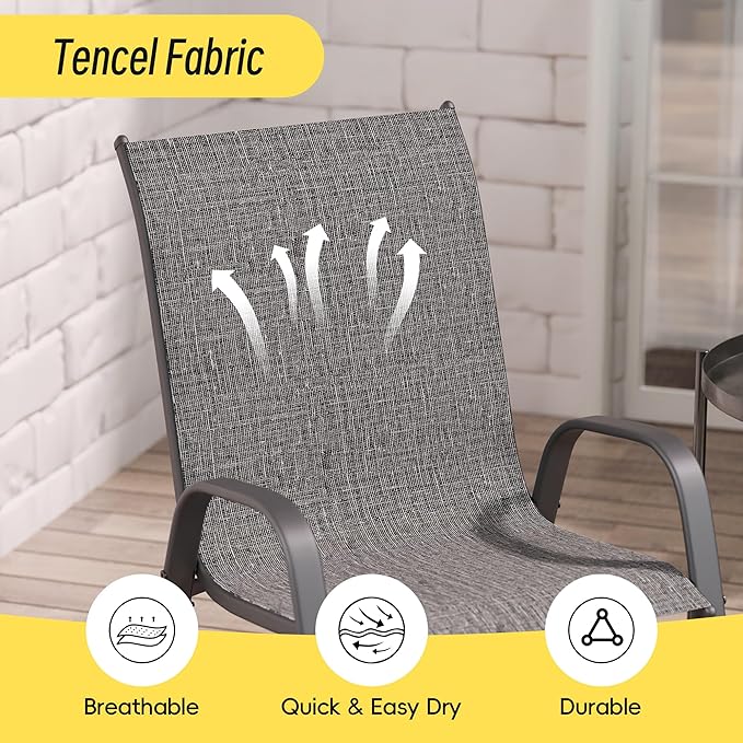 Betterhood Patio Chairs Set of 2, Stackable Outdoor Dining Chairs Set with Breathable Seat Fabric, All-Weather Powder-Coated Metal Frame for Deck, Pool Side and Backyard, 350LBS Capacity (Grey) - Image 6
