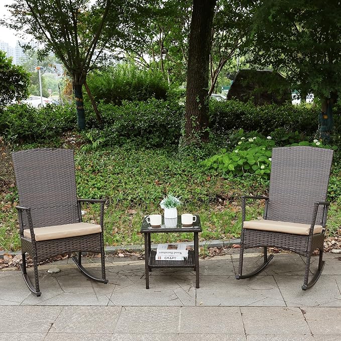 Outdoor Rocking Chair 3 Pieces High-Backed Rocking Chair Patio Rocking Chairs Outdoor Table, Khaki - Image 7