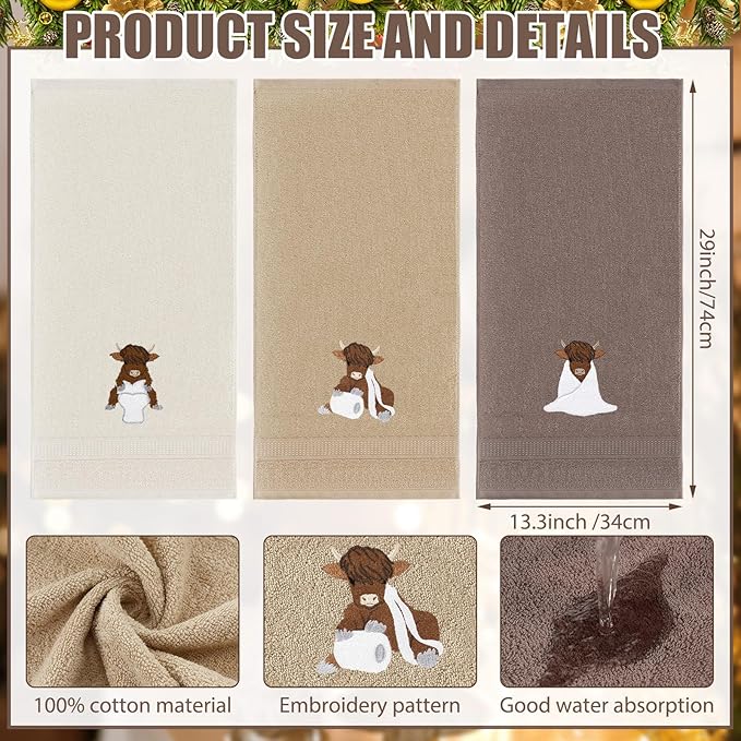 3 Pcs Highland Cow Hand Towels Embroidered Cow Farmhouse Decorative Bath Towels - Image 2