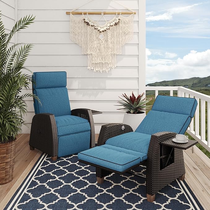 Grand patio Outdoor Reclining Chairs with Extended Footrest 2-Piece Adjustable Patio Wicker Lounge Recliner up to 150° with Flip Side Table Peacock Blue by GrandPatio