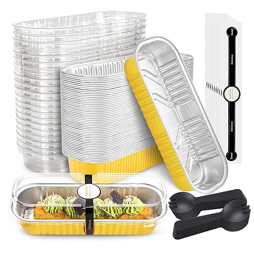 50 Pack Mini Cake Pans with Lids and Spoons Gold Rectangular Aluminum Foil by NPLUX