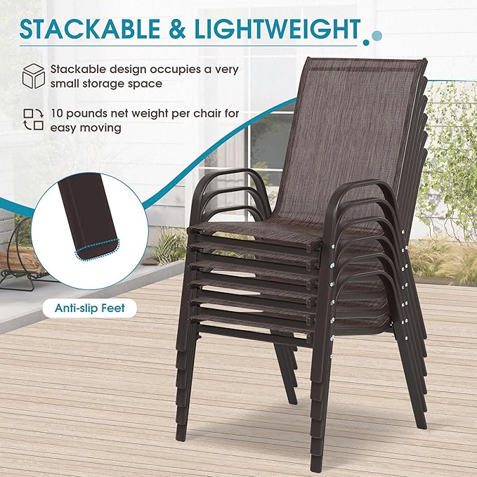 Outdoor Stackable Chairs Set of 6, Stacking Patio Chairs with Textilene Fabric, Outside Furniture for Garden Backyard Balconie Poolside Deck, Brown - Image 4