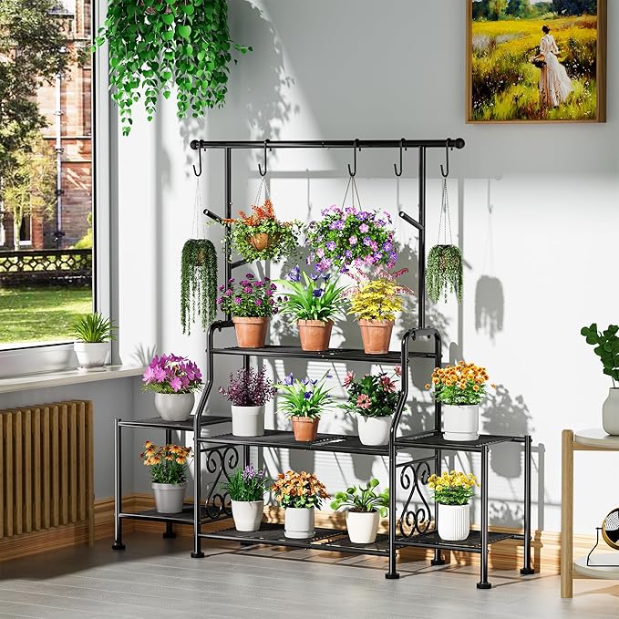 GIOTORENT 3-Tier Tall Metal Plant Stand Indoor Outdoor - Heavy Duty Plant Shelf for Garden, Patio, Balcony with 5 Hanging Hooks, Holds 16-25 Plants, Black - Image 2