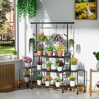 GIOTORENT 3-Tier Tall Metal Plant Stand Indoor Outdoor - Heavy Duty Plant Shelf for Garden, Patio, Balcony with 5 Hanging Hooks, Holds 16-25 Plants, Black - Image 2