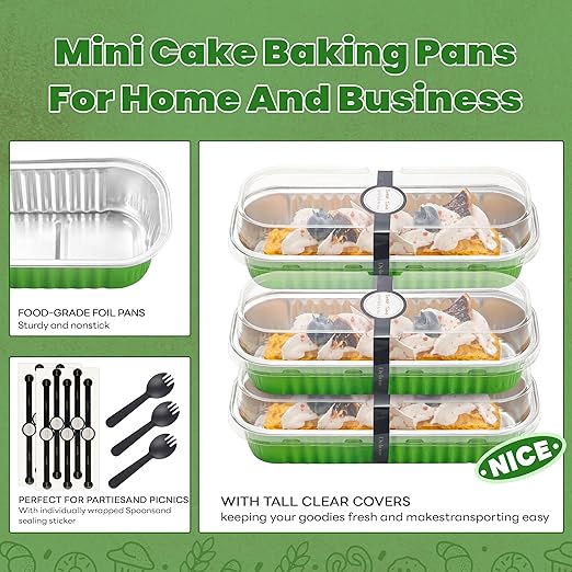 50 PACK Mini Cake Pans with Lids and Spoons, Rectangular Aluminum Foil Bread Pan - Image 5