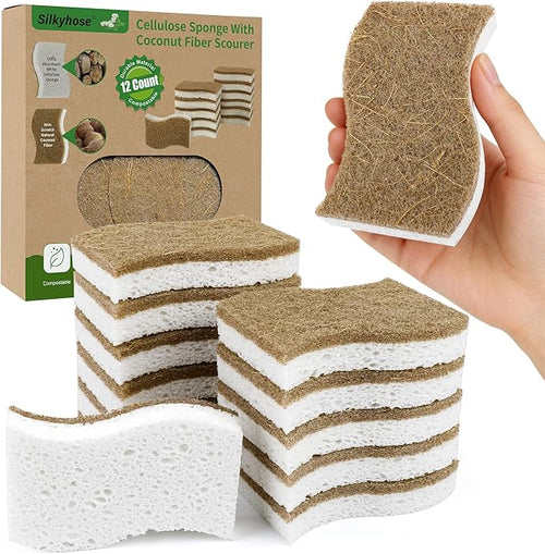 12 Pack Natural Kitchen Sponges, Biodegradable & Compostable | Non-Scratch by Silkyhose