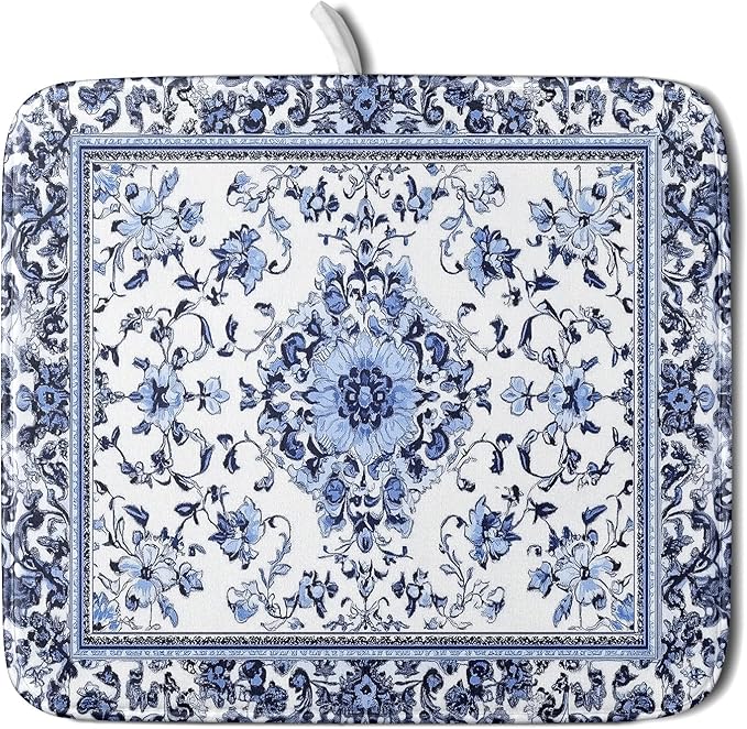 Boho Floral Dish Drying Mat 16x18 Inch Blue Leaves Kitchen Drying Pad by Giwawa