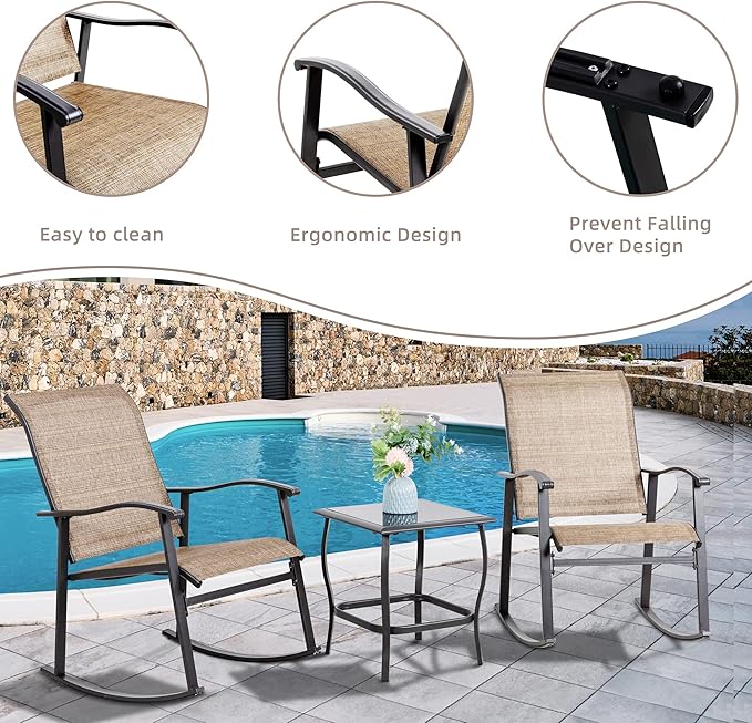 Vongrasig 3 Piece Outdoor Rocking Bistro Set, Textilene Fabric Small Patio Furniture Set, Front Porch Rocker Chairs Conversation Set with Glass Table for Lawn, Garden, Balcony, Poolside (Brown) - Image 3